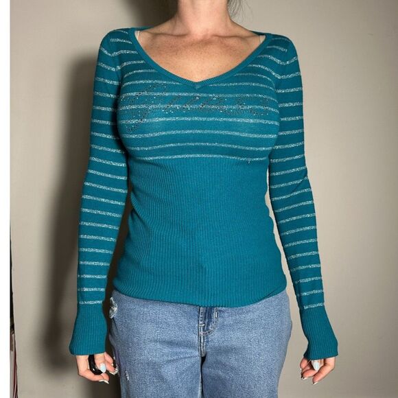 y2k Guess Blue Striped V Neck Long Sleeve Sweater Size Small - Picture 4 of 5